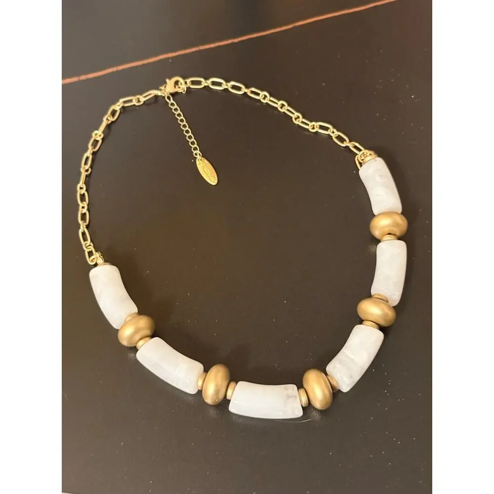 NWT Plunder White Marble Statement Necklace Gold Chunky Necklace Coastal Luxe